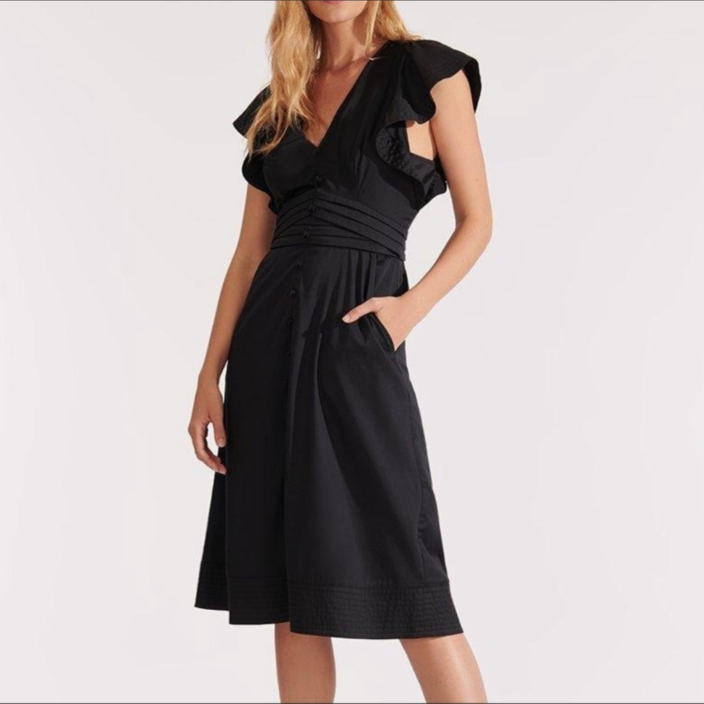 Veronica Beard Pleated Ruffle Sada V-Neck Midi Black Dress Sz 10